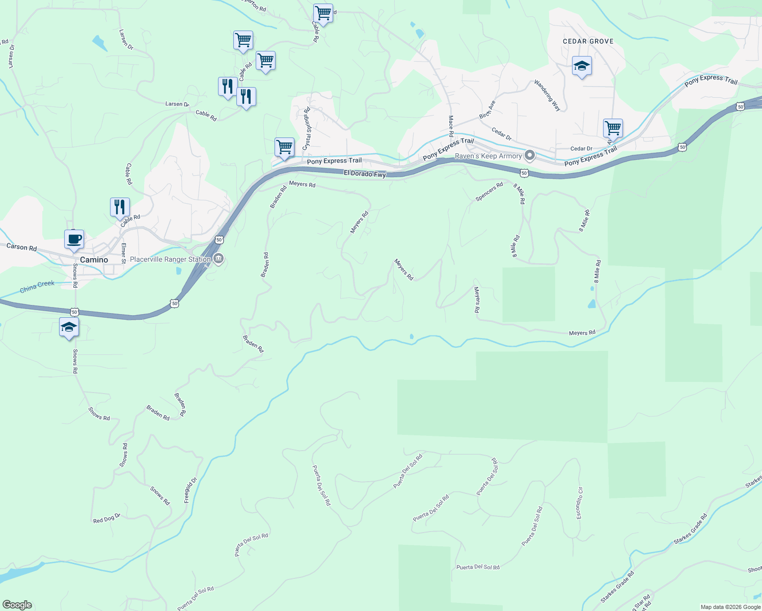 map of restaurants, bars, coffee shops, grocery stores, and more near 2070 Alida Street in Camino