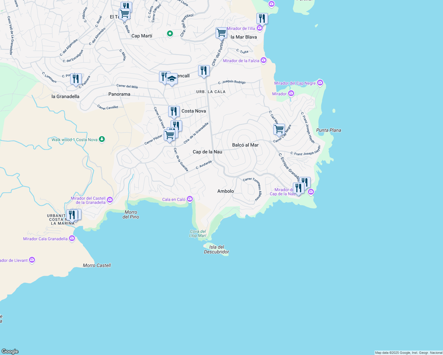 map of restaurants, bars, coffee shops, grocery stores, and more near 3 Carrer de L'Escabusso in Jávea