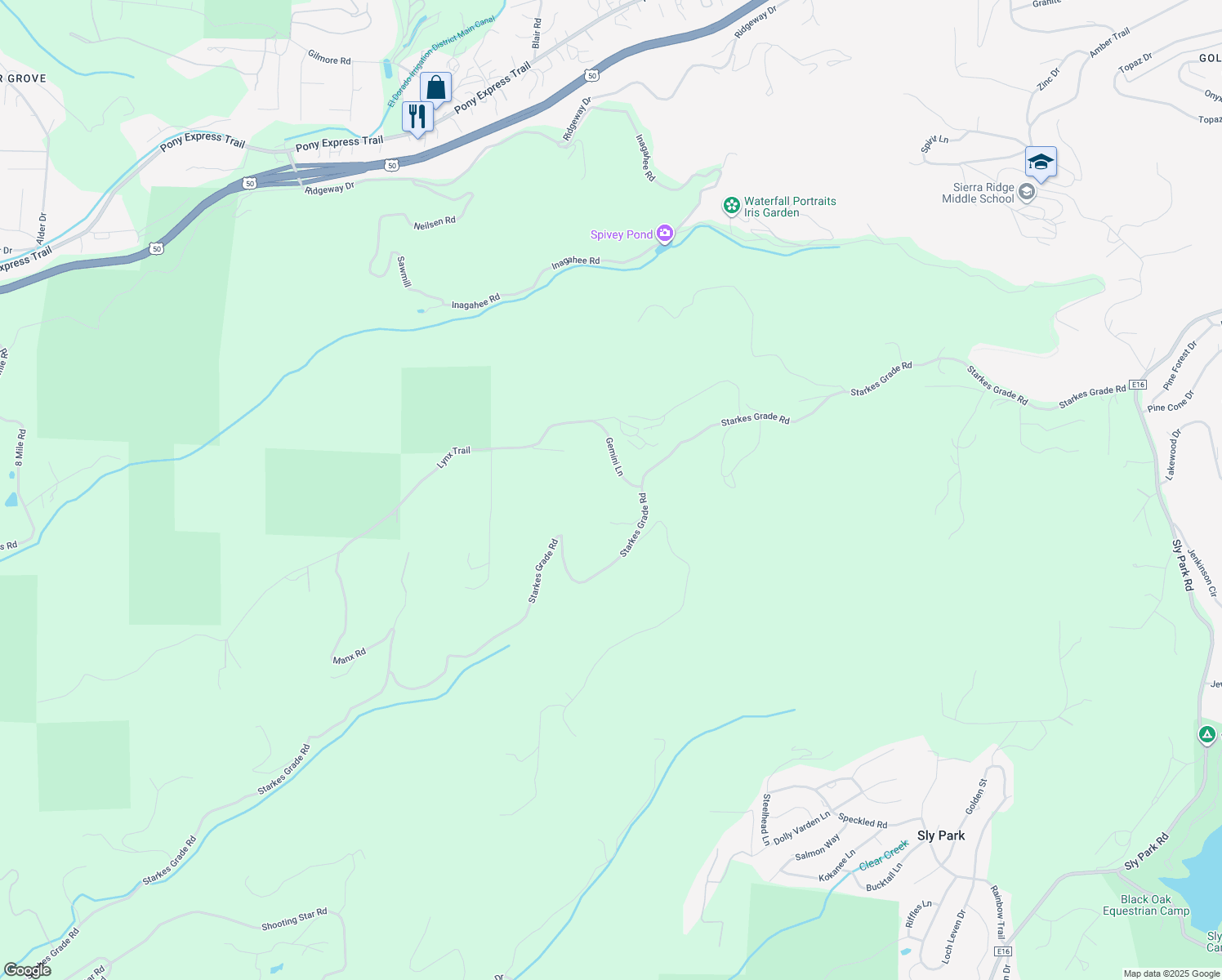 map of restaurants, bars, coffee shops, grocery stores, and more near 5021 Gemini Lane in Pollock Pines
