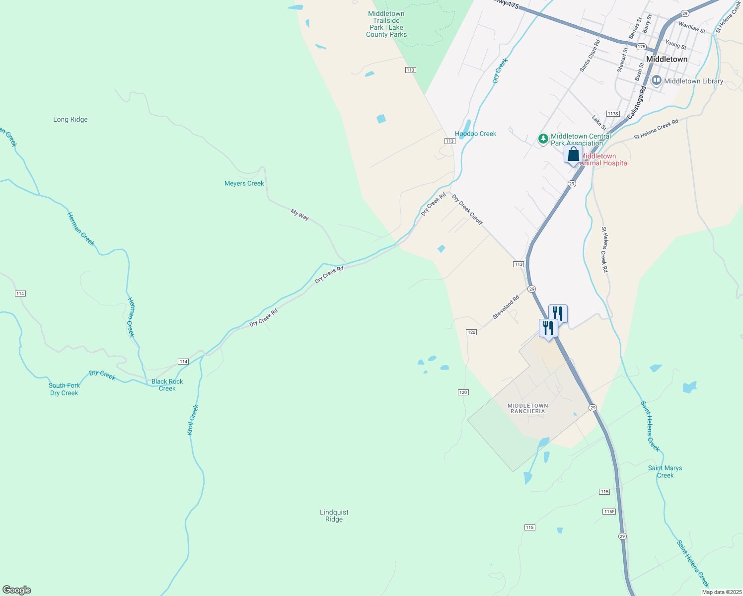 map of restaurants, bars, coffee shops, grocery stores, and more near 14452 Dry Creek Road in Middletown