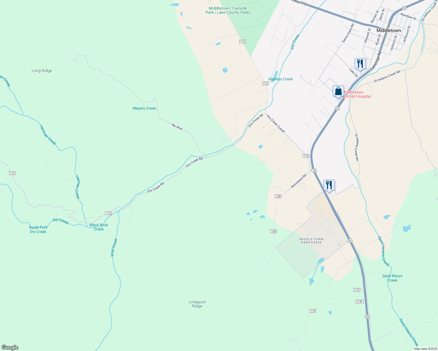 map of restaurants, bars, coffee shops, grocery stores, and more near 14452 Dry Creek Road in Middletown