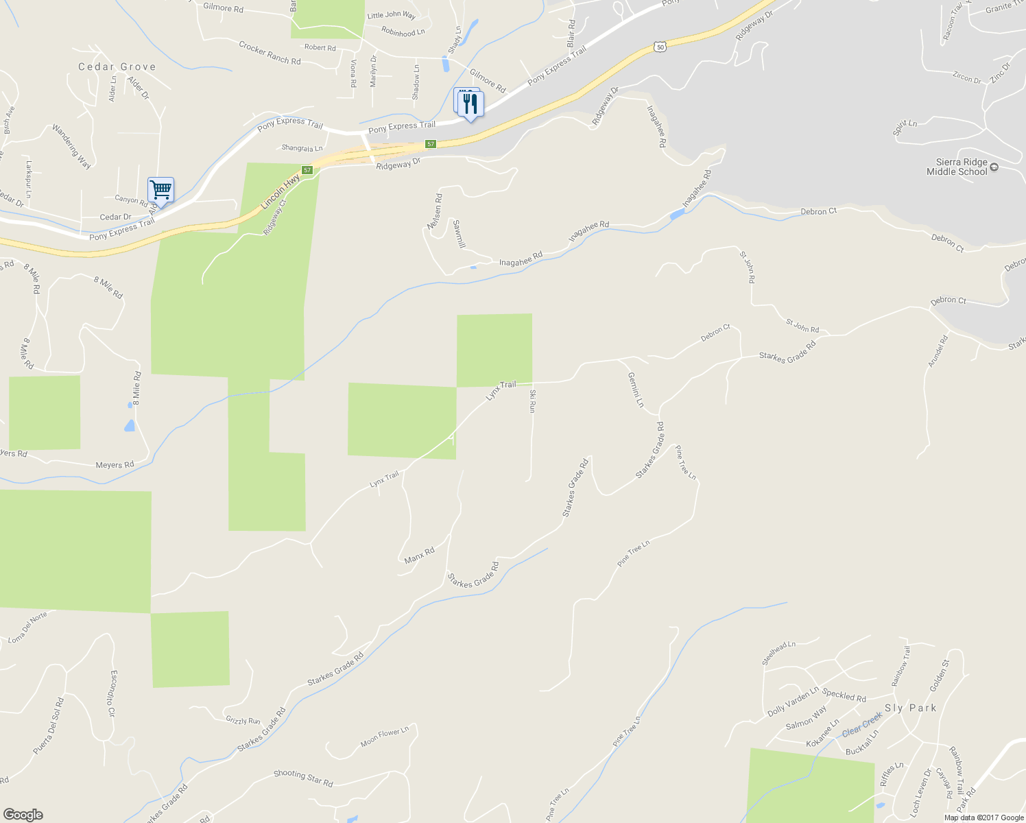 map of restaurants, bars, coffee shops, grocery stores, and more near 5041 Ski Run in Pollock Pines