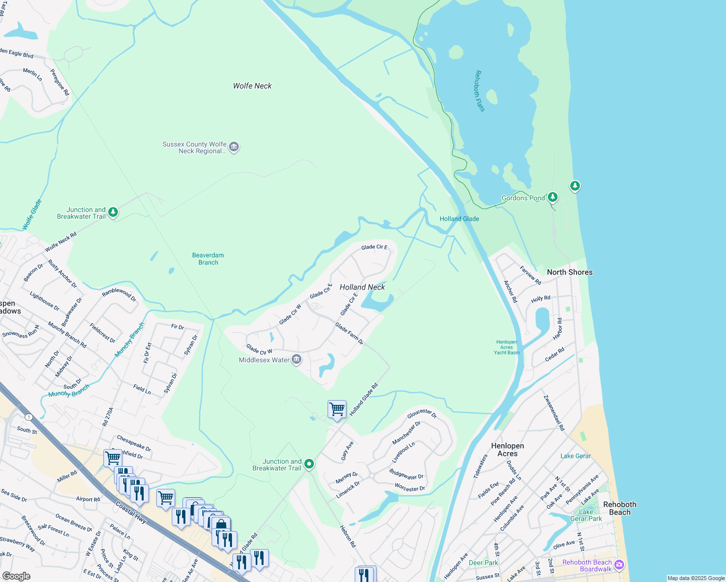 map of restaurants, bars, coffee shops, grocery stores, and more near 16 Glade Circle East in Rehoboth Beach