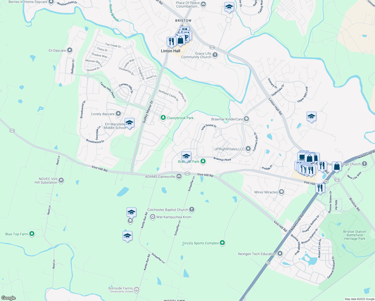map of restaurants, bars, coffee shops, grocery stores, and more near 12561 Garry Glen Drive in Bristow