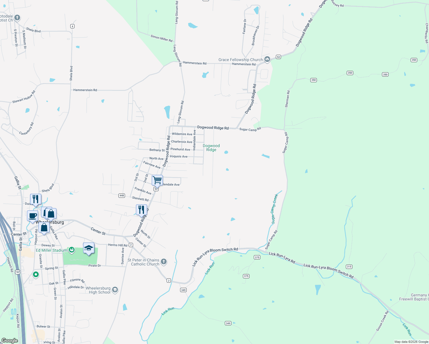 map of restaurants, bars, coffee shops, grocery stores, and more near 1566 Lawson Street in Wheelersburg