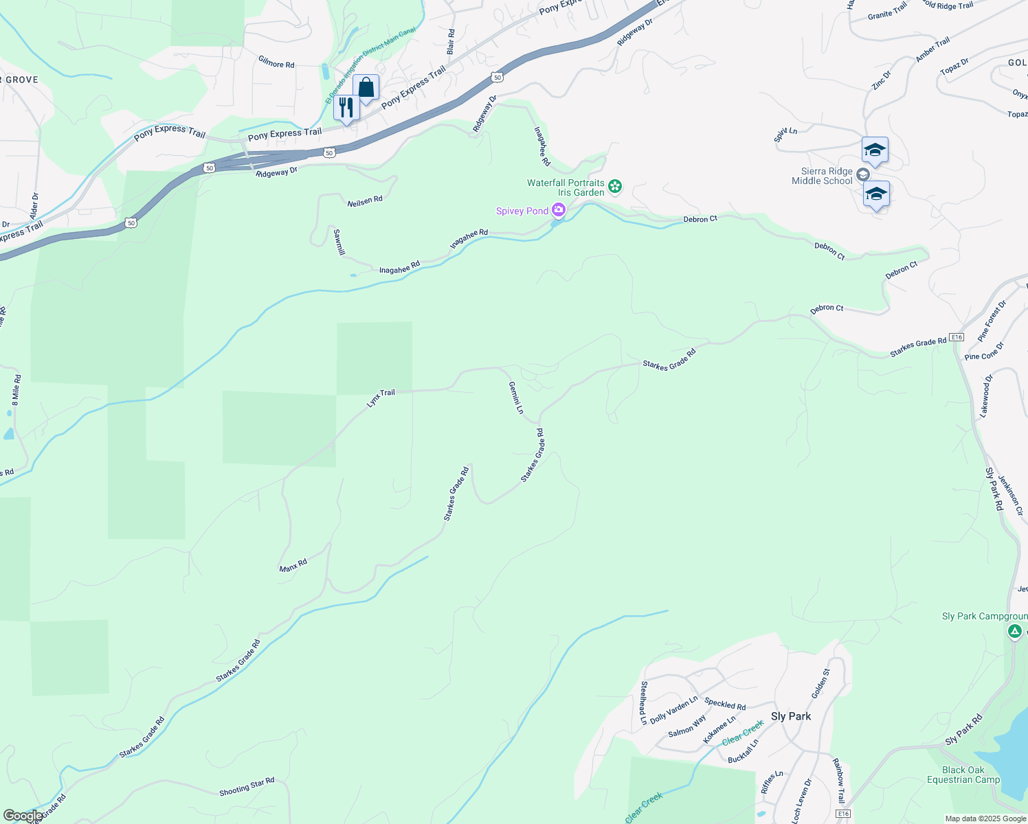 map of restaurants, bars, coffee shops, grocery stores, and more near 5021 Gemini Lane in Pollock Pines