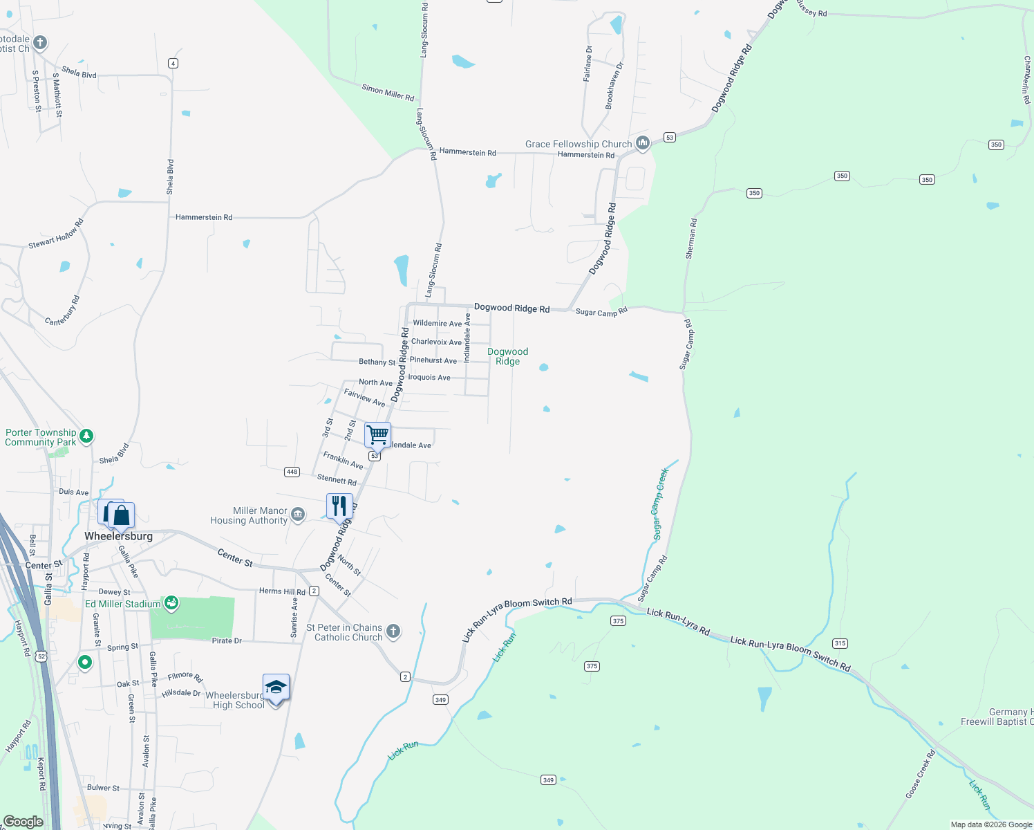 map of restaurants, bars, coffee shops, grocery stores, and more near 1566 Lawson Street in Wheelersburg