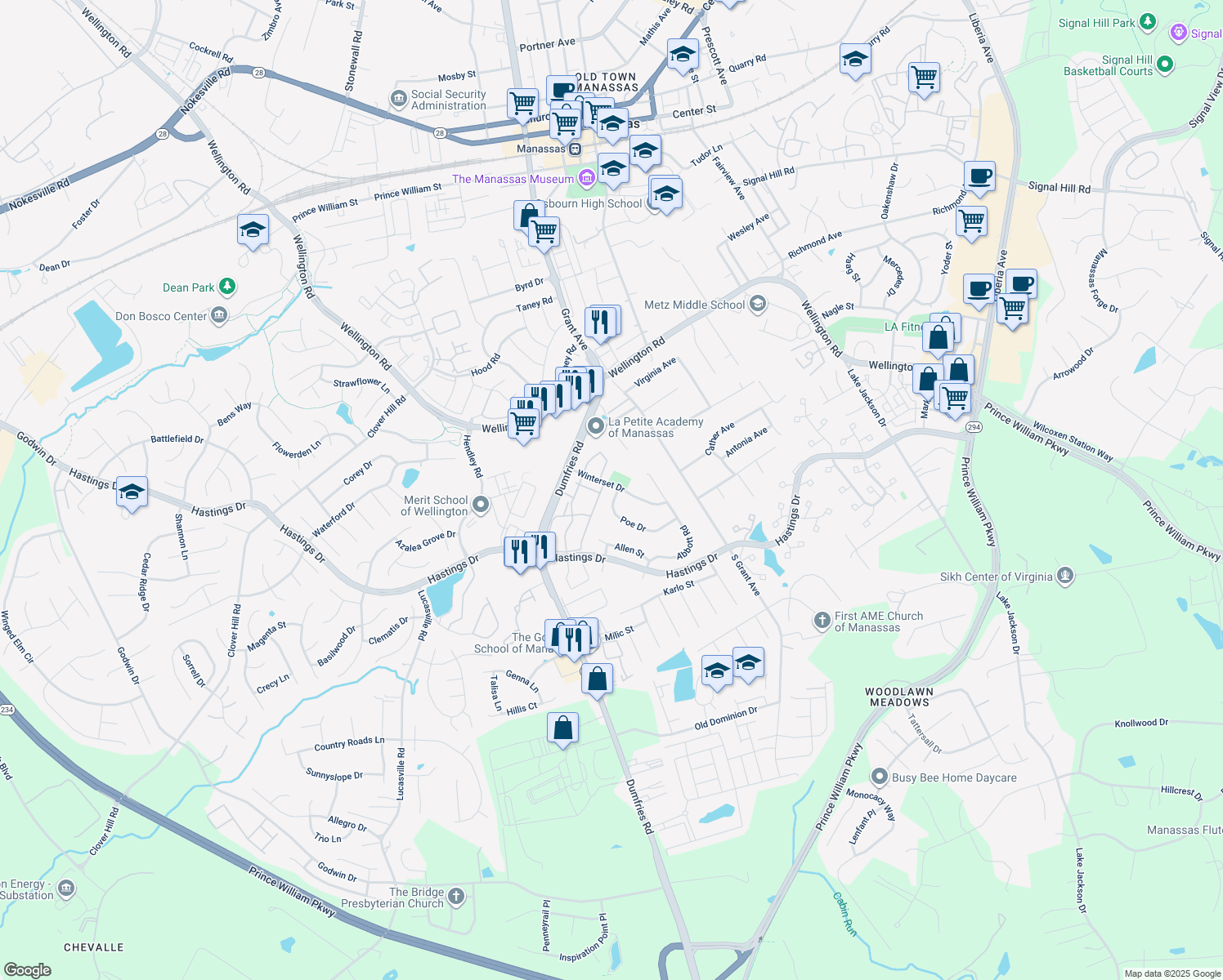 map of restaurants, bars, coffee shops, grocery stores, and more near 9201 Winterset Dr in Manassas