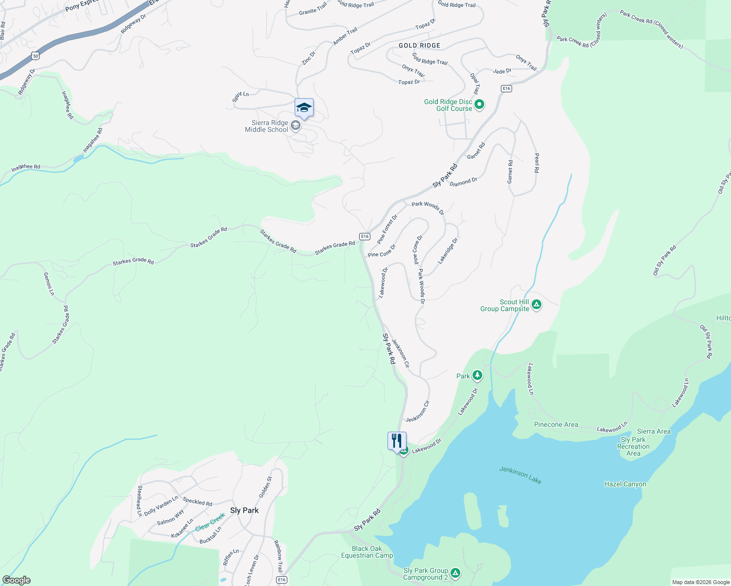 map of restaurants, bars, coffee shops, grocery stores, and more near 4440 Sly Park Road in Pollock Pines