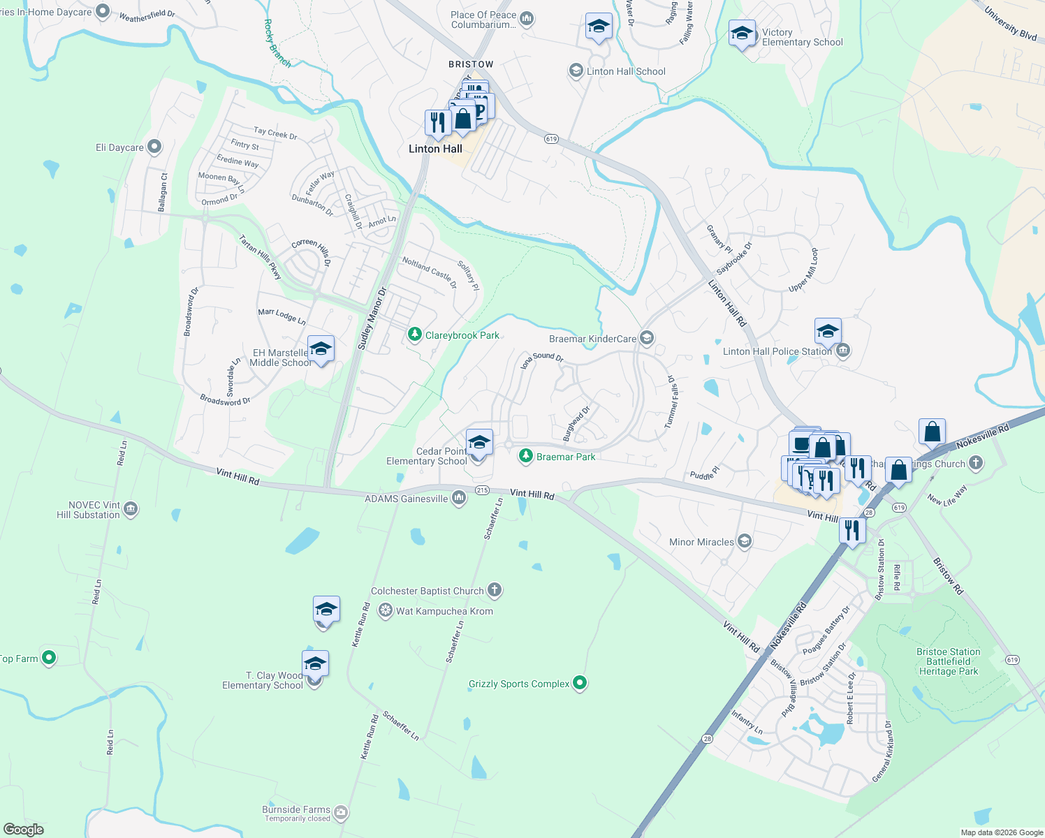 map of restaurants, bars, coffee shops, grocery stores, and more near 10162 Pale Rose Loop in Bristow