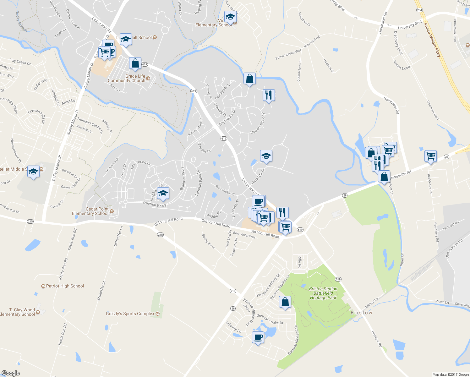map of restaurants, bars, coffee shops, grocery stores, and more near 10138 Crashing Thunder Place in Nokesville