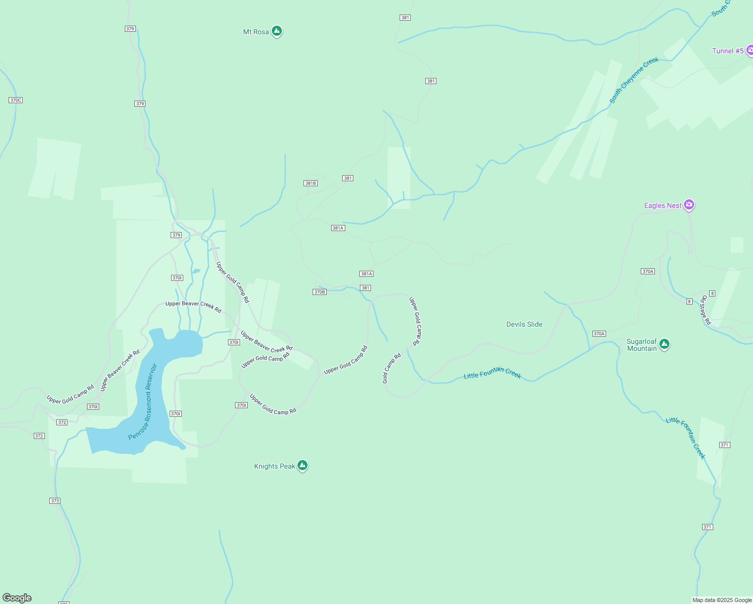 map of restaurants, bars, coffee shops, grocery stores, and more near Gold Camp Road in Manitou Springs