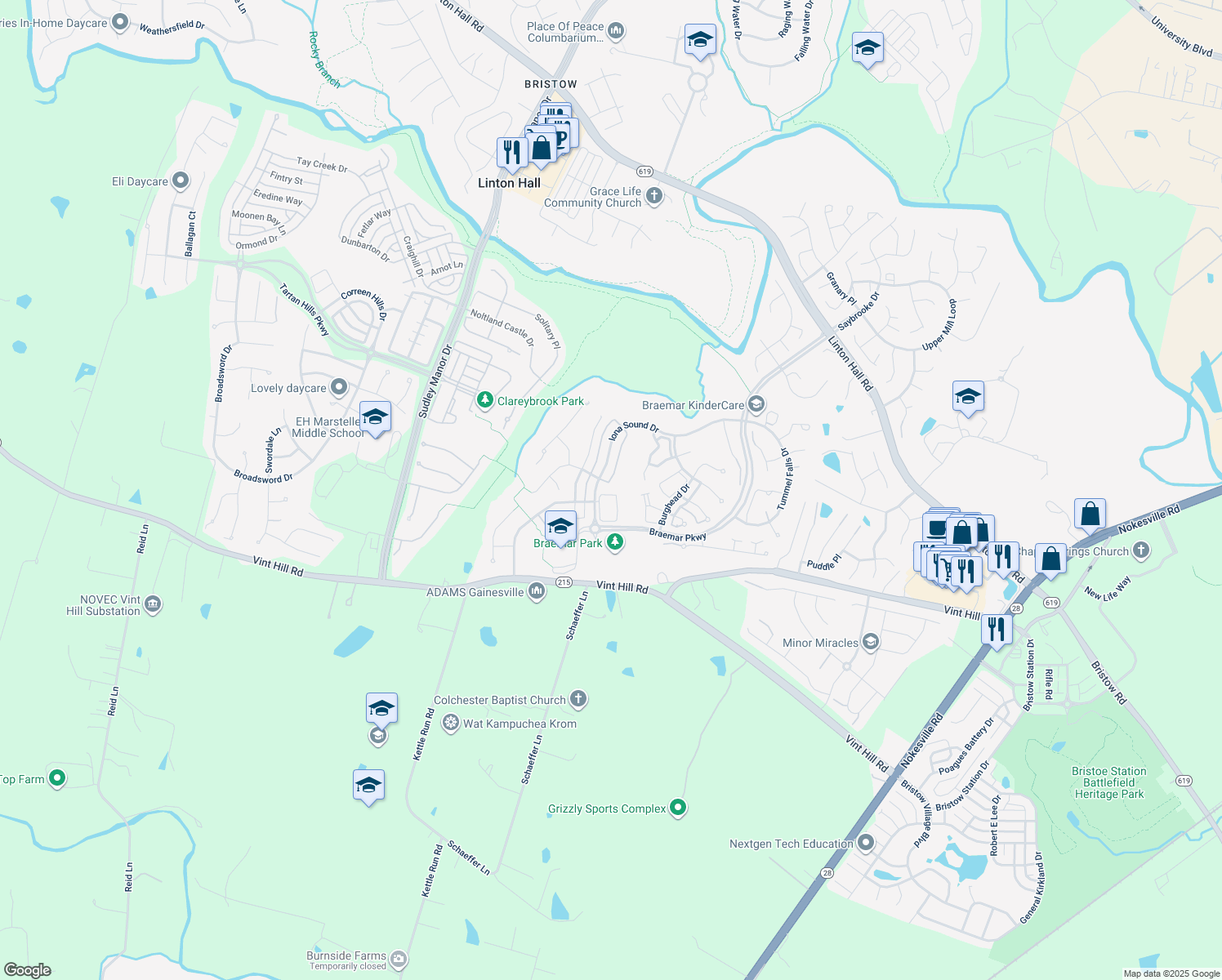 map of restaurants, bars, coffee shops, grocery stores, and more near 10135 Pale Rose Loop in Bristow