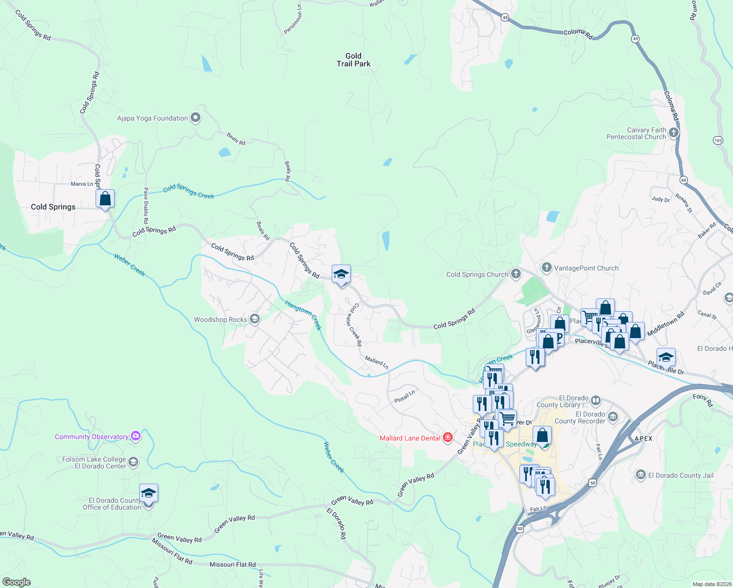 map of restaurants, bars, coffee shops, grocery stores, and more near 2265 Cold Springs Road in Placerville