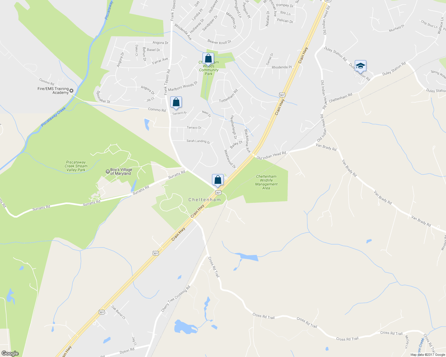 map of restaurants, bars, coffee shops, grocery stores, and more near 11151 Crain Highway in Cheltenham