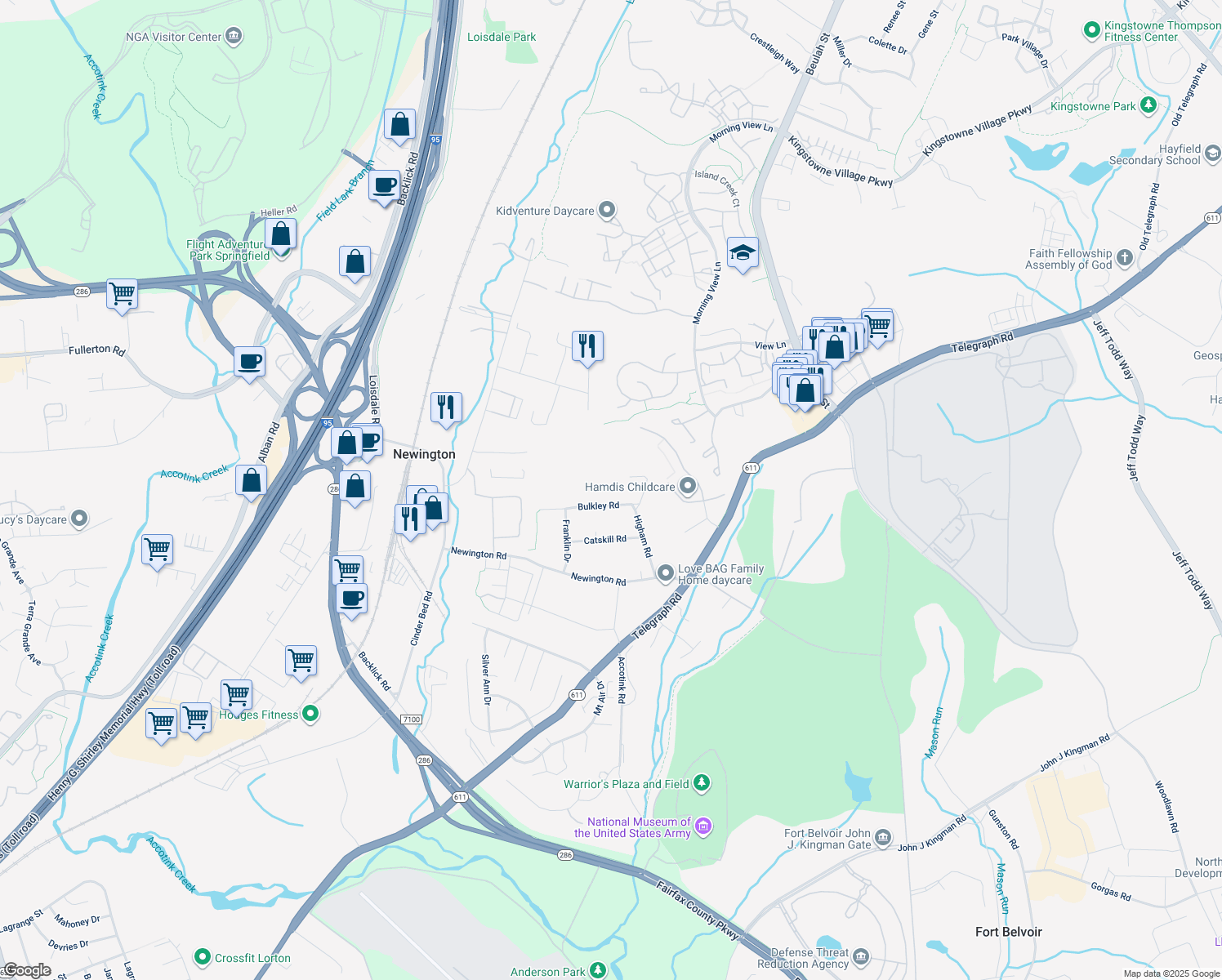 map of restaurants, bars, coffee shops, grocery stores, and more near 6716 Bulkley Road in Lorton