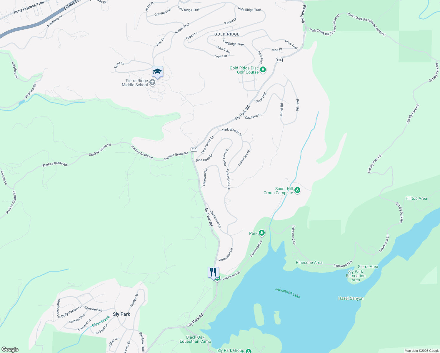 map of restaurants, bars, coffee shops, grocery stores, and more near 4420 Park Woods Drive in Pollock Pines