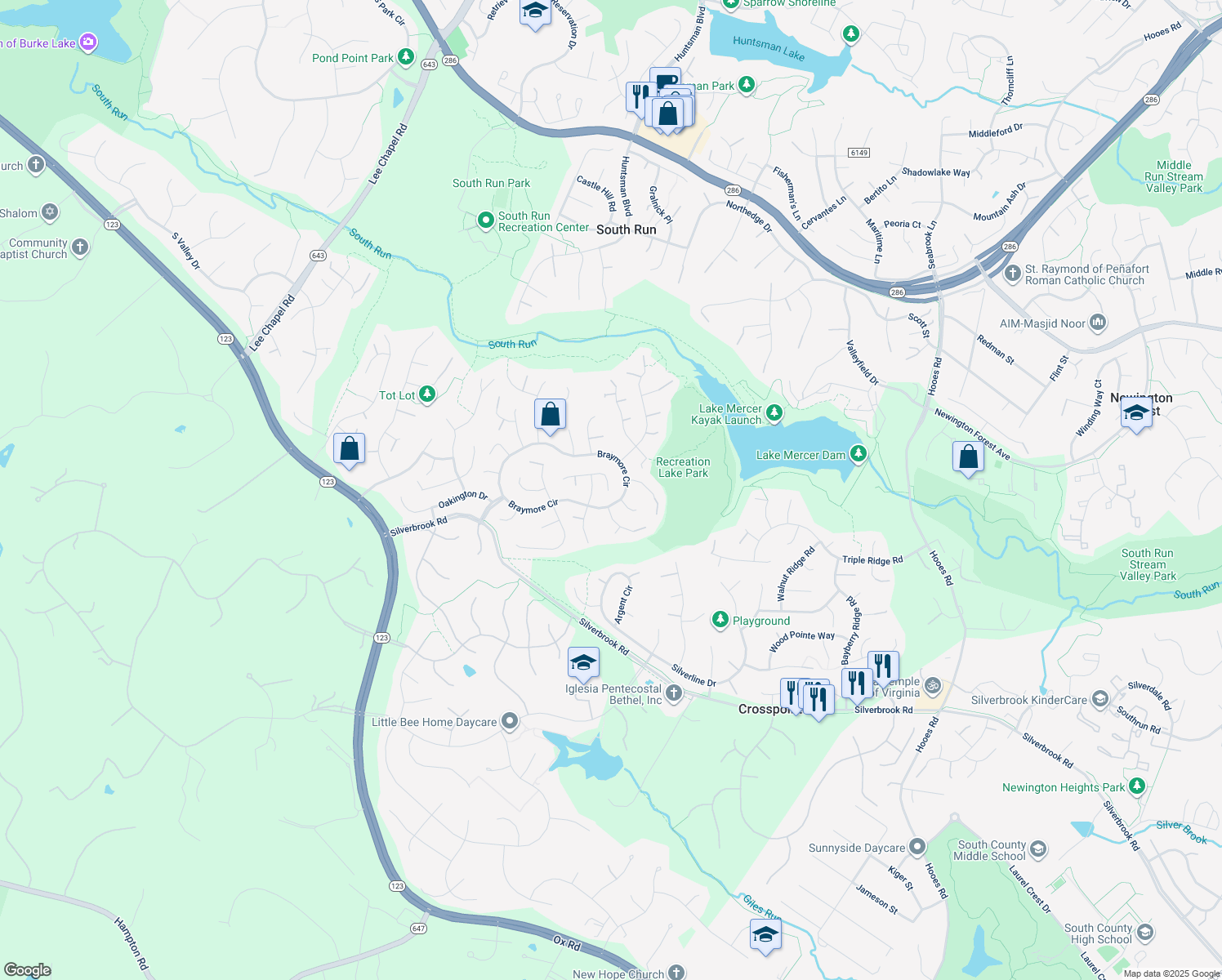 map of restaurants, bars, coffee shops, grocery stores, and more near 9300 Hallston Court in Fairfax Station