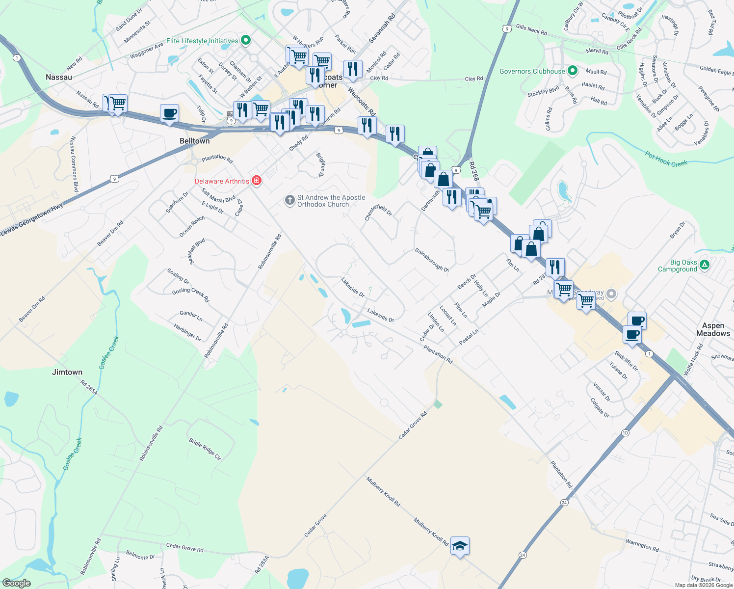 map of restaurants, bars, coffee shops, grocery stores, and more near 344 Lakeside Drive in Lewes