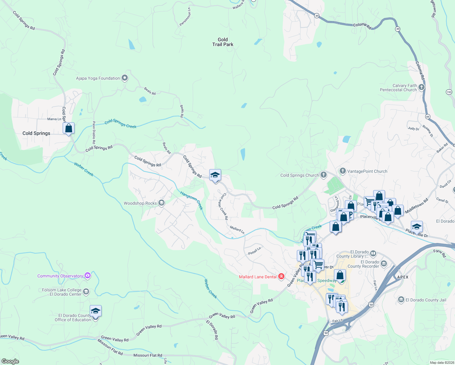 map of restaurants, bars, coffee shops, grocery stores, and more near 2265 Cold Springs Road in Placerville