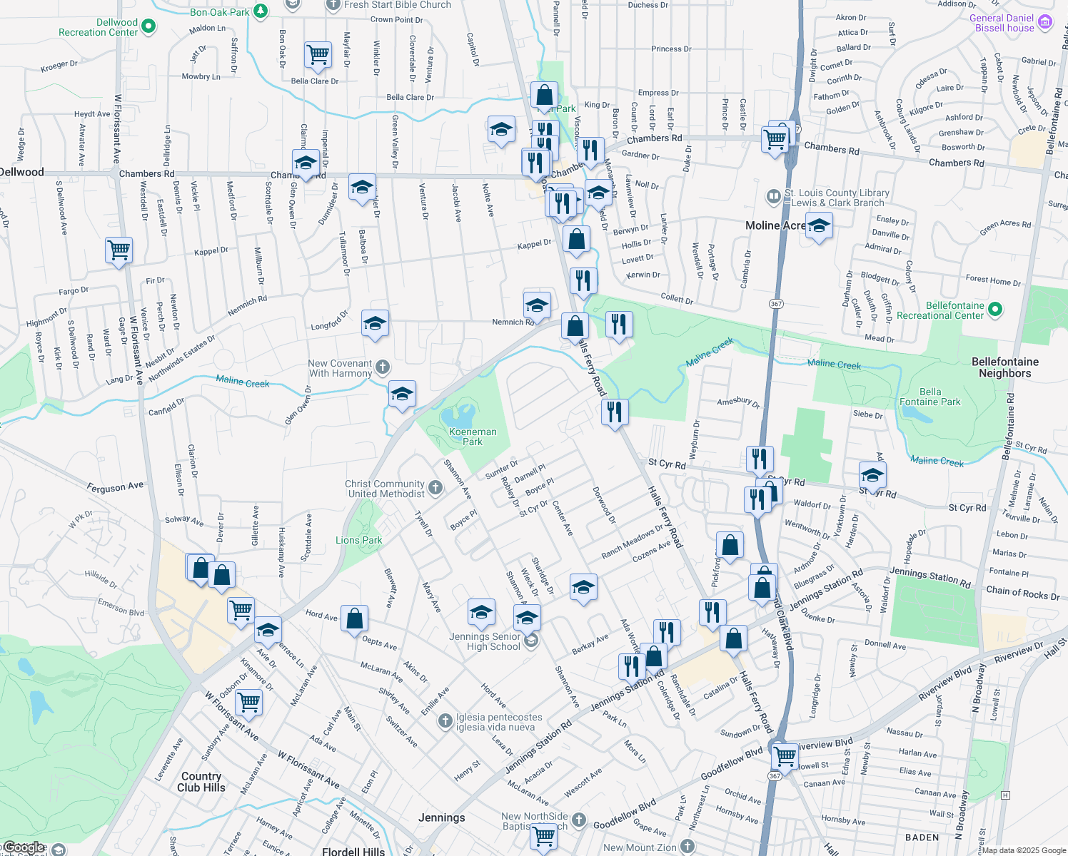 map of restaurants, bars, coffee shops, grocery stores, and more near 2034 Sun Valley Drive in Saint Louis