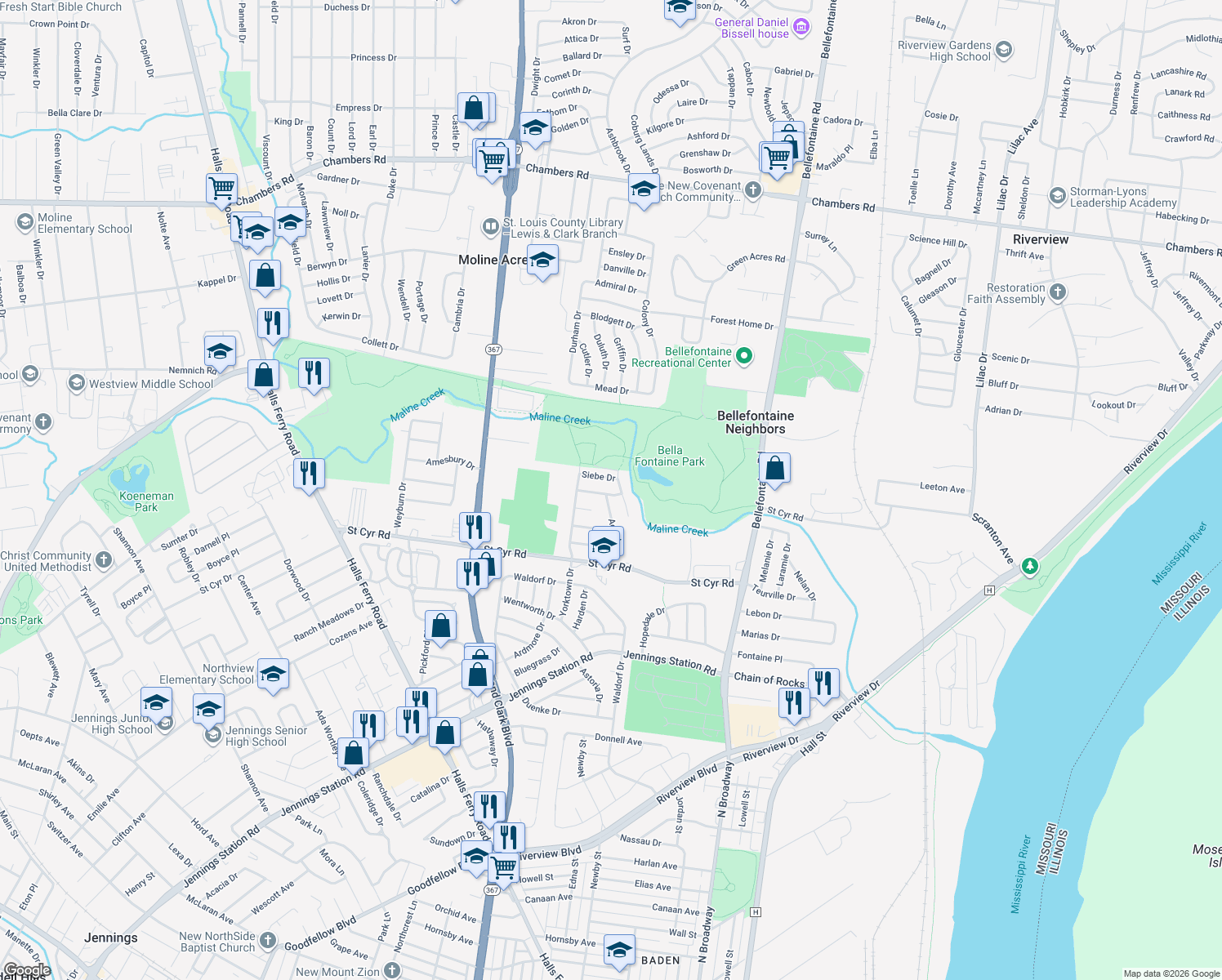 map of restaurants, bars, coffee shops, grocery stores, and more near 1135 Angeline Dr in St Louis