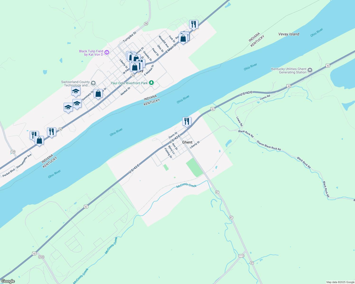 map of restaurants, bars, coffee shops, grocery stores, and more near Henry Clay Ln in Ghent