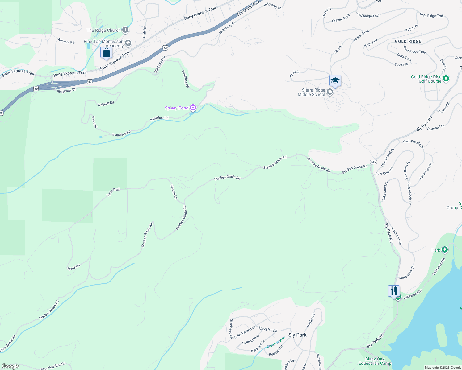 map of restaurants, bars, coffee shops, grocery stores, and more near in Pollock Pines
