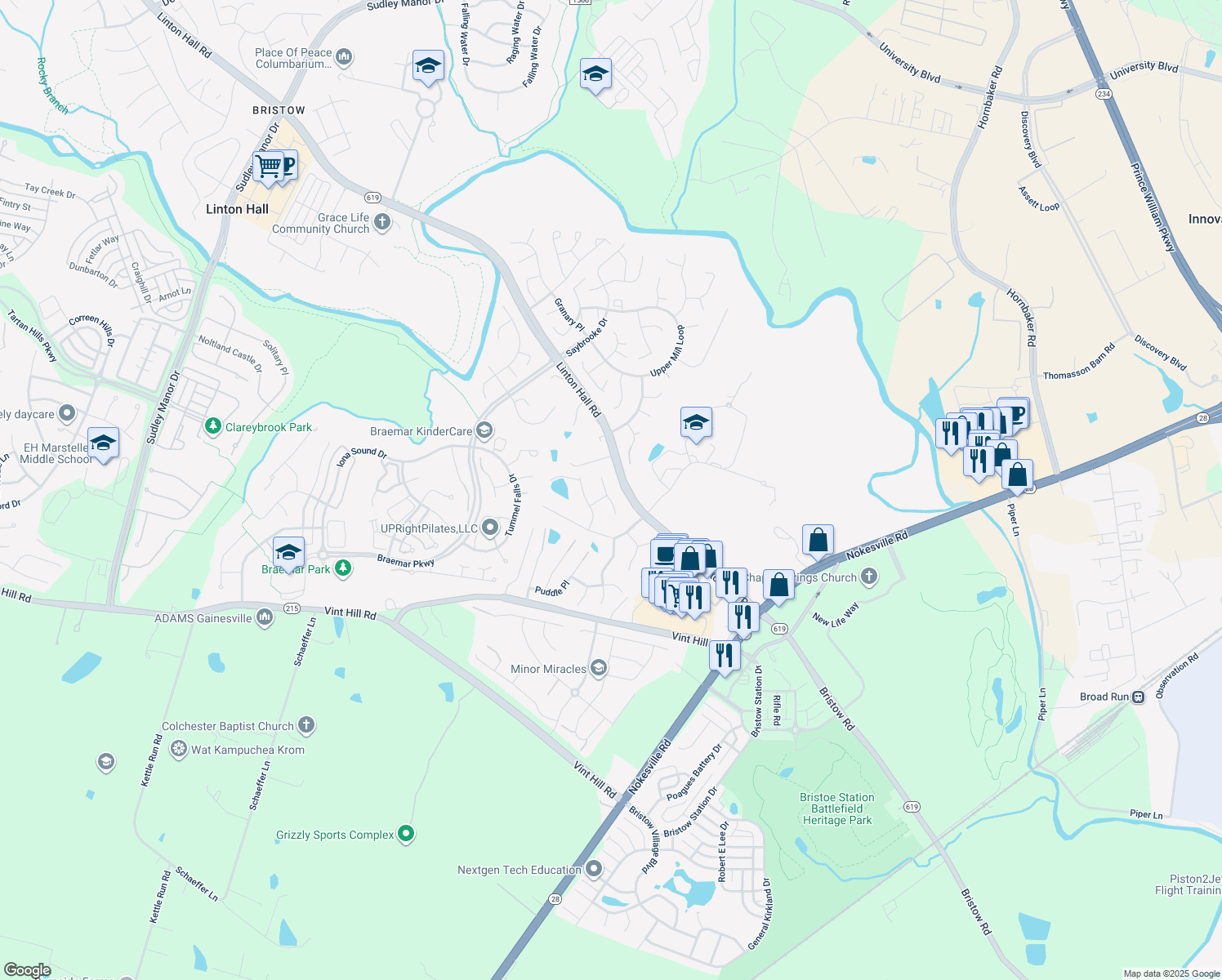 map of restaurants, bars, coffee shops, grocery stores, and more near 10117 Crashing Thunder Place in Nokesville