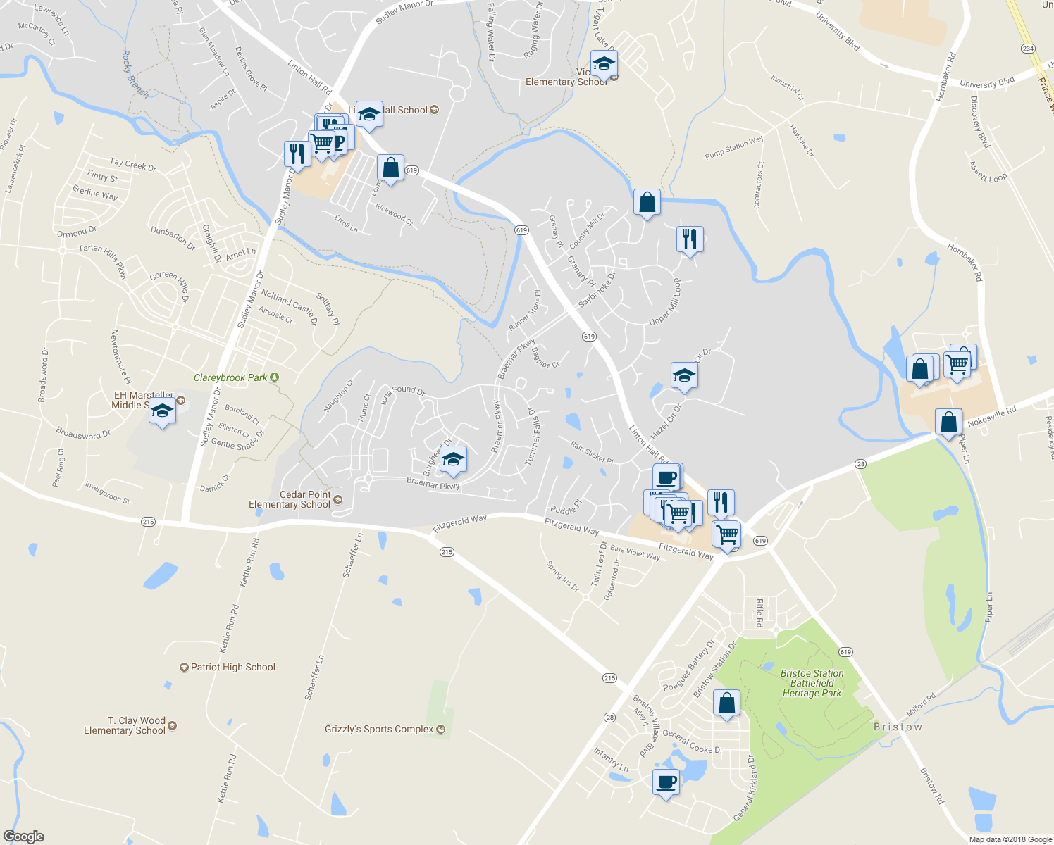 map of restaurants, bars, coffee shops, grocery stores, and more near 12175 Hopper Lane in Bristow