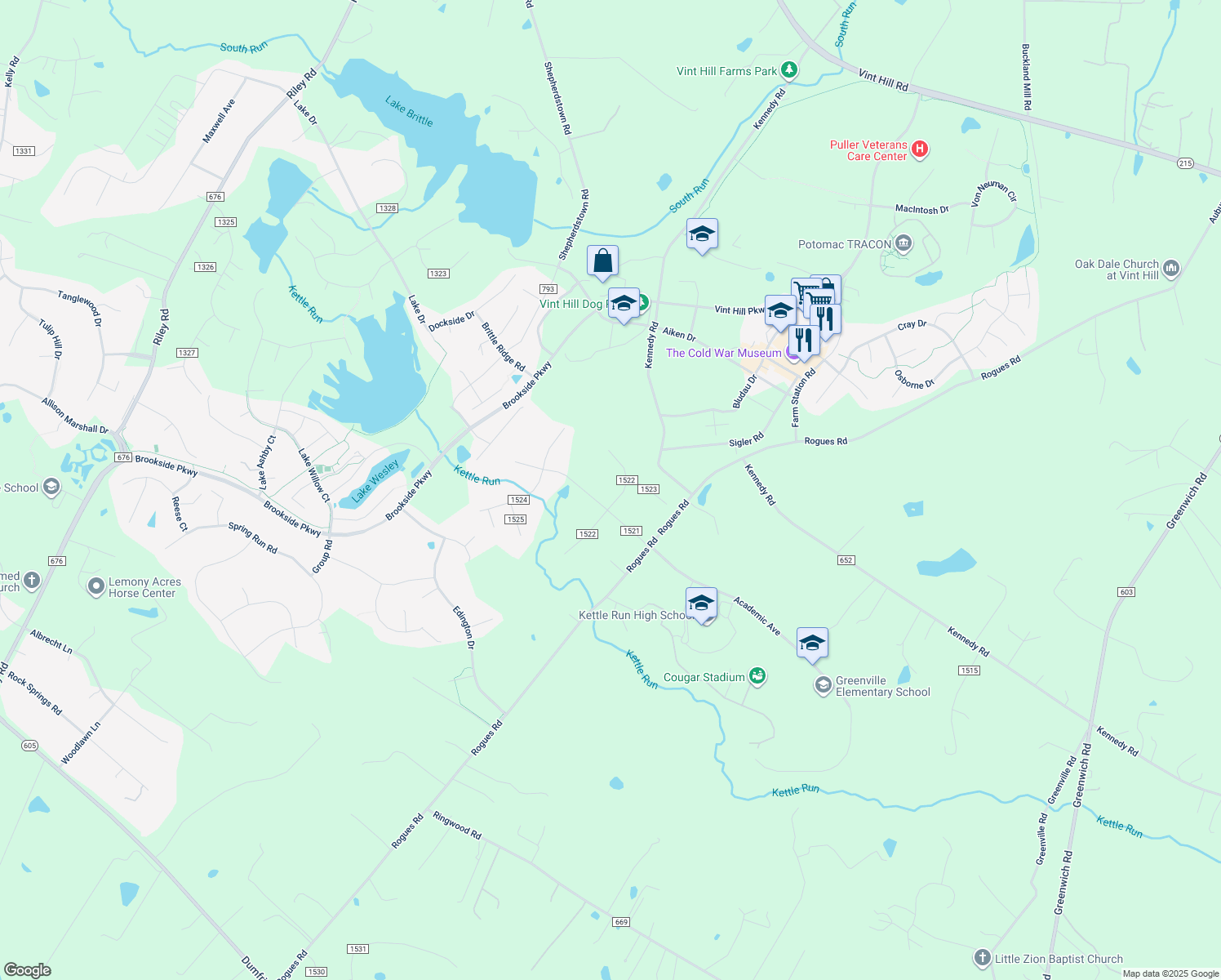map of restaurants, bars, coffee shops, grocery stores, and more near 7240 North Starcrest Drive in Warrenton