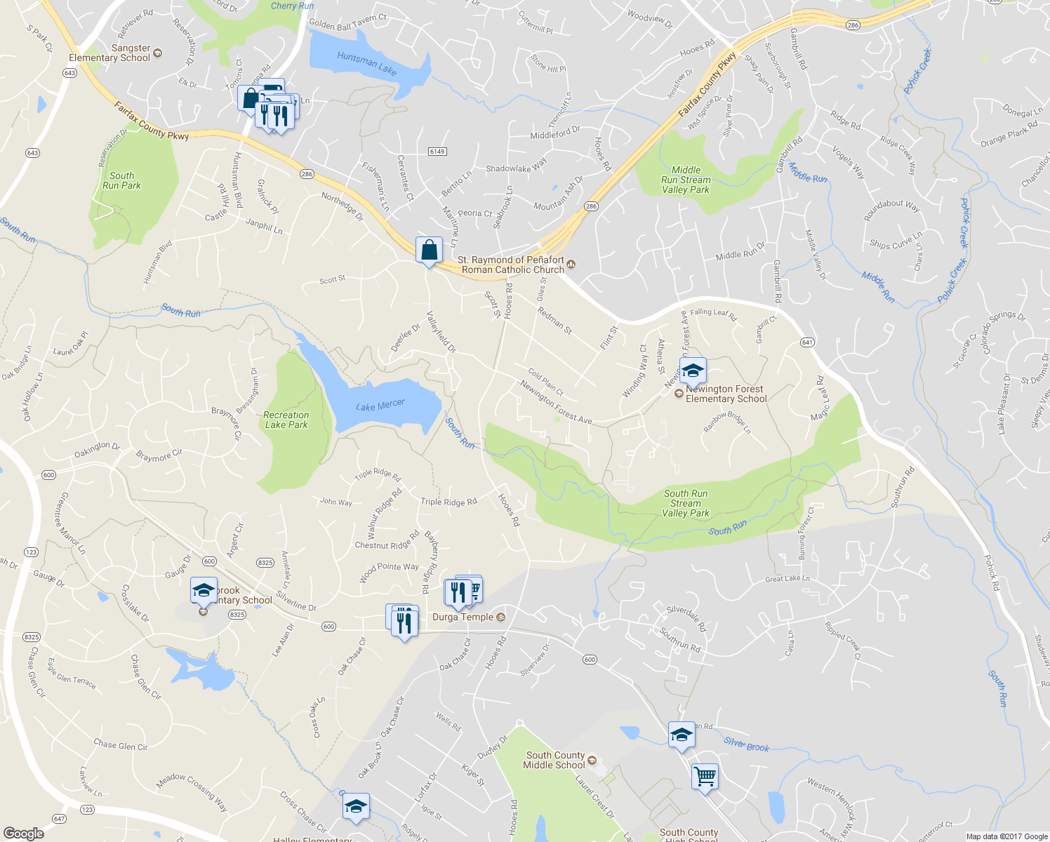 map of restaurants, bars, coffee shops, grocery stores, and more near 8066 Steeple Chase Court in Springfield