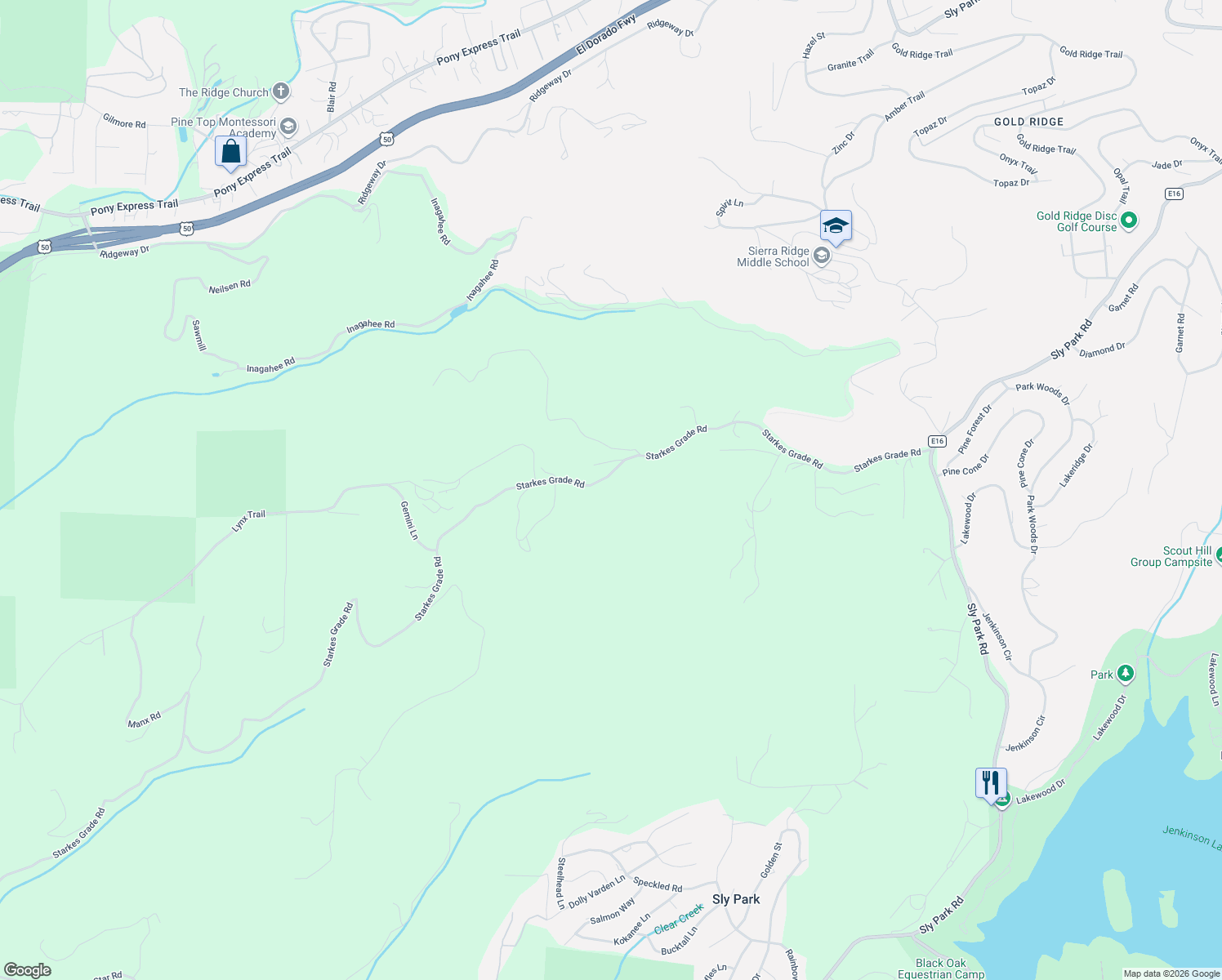 map of restaurants, bars, coffee shops, grocery stores, and more near 6501 Starkes Grade Road in Pollock Pines