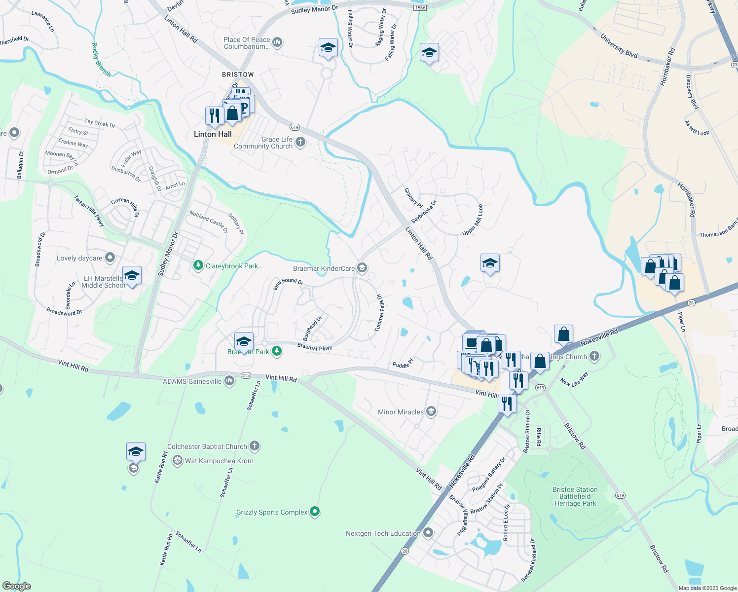 map of restaurants, bars, coffee shops, grocery stores, and more near 10041 Spindle Foot Court in Bristow