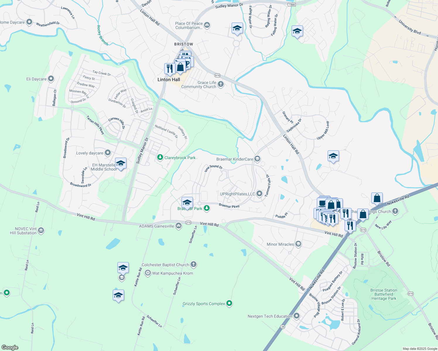 map of restaurants, bars, coffee shops, grocery stores, and more near 10022 Moxleys Ford Lane in Bristow