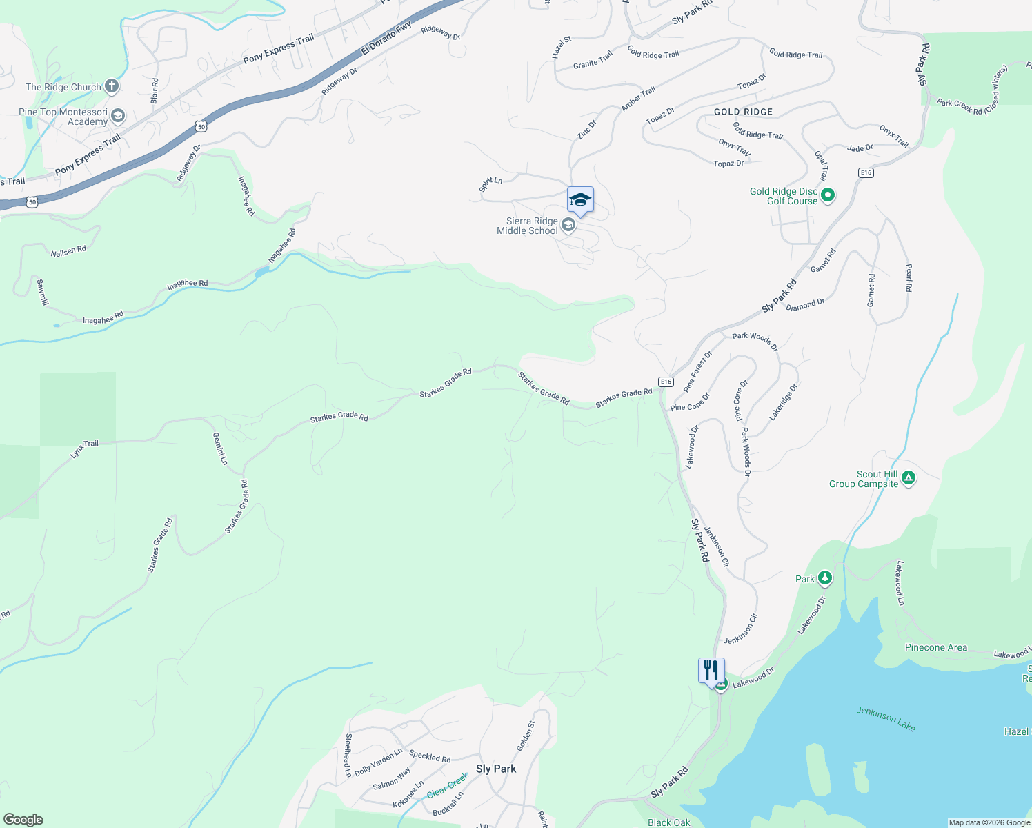 map of restaurants, bars, coffee shops, grocery stores, and more near 4380 Arundel Road in Pollock Pines