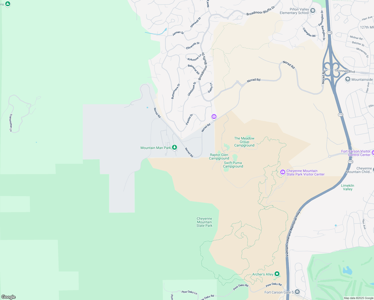 map of restaurants, bars, coffee shops, grocery stores, and more near Norad Road in Colorado Springs