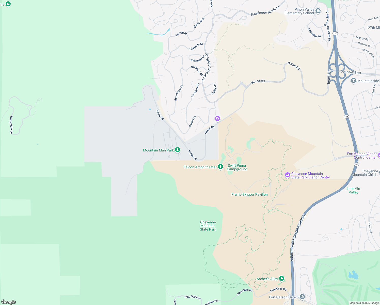 map of restaurants, bars, coffee shops, grocery stores, and more near Norad Road in Colorado Springs