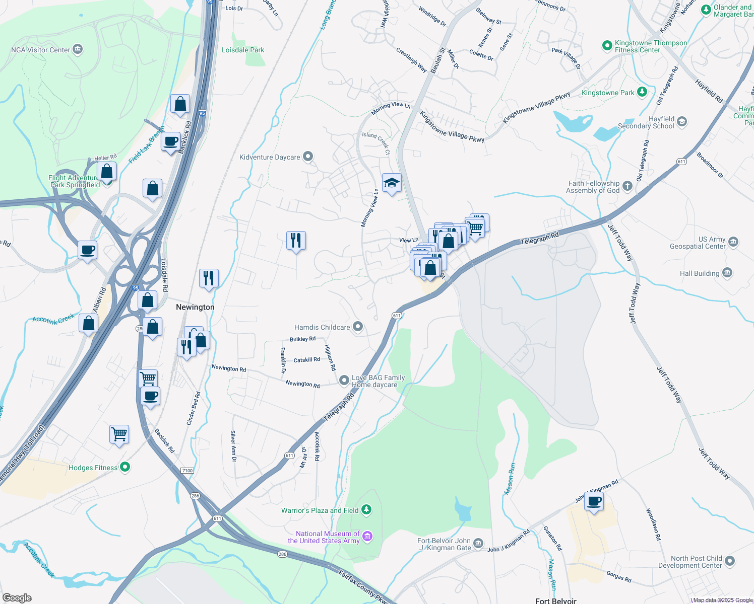 map of restaurants, bars, coffee shops, grocery stores, and more near 8029 Sky Blue Dr in Alexandria