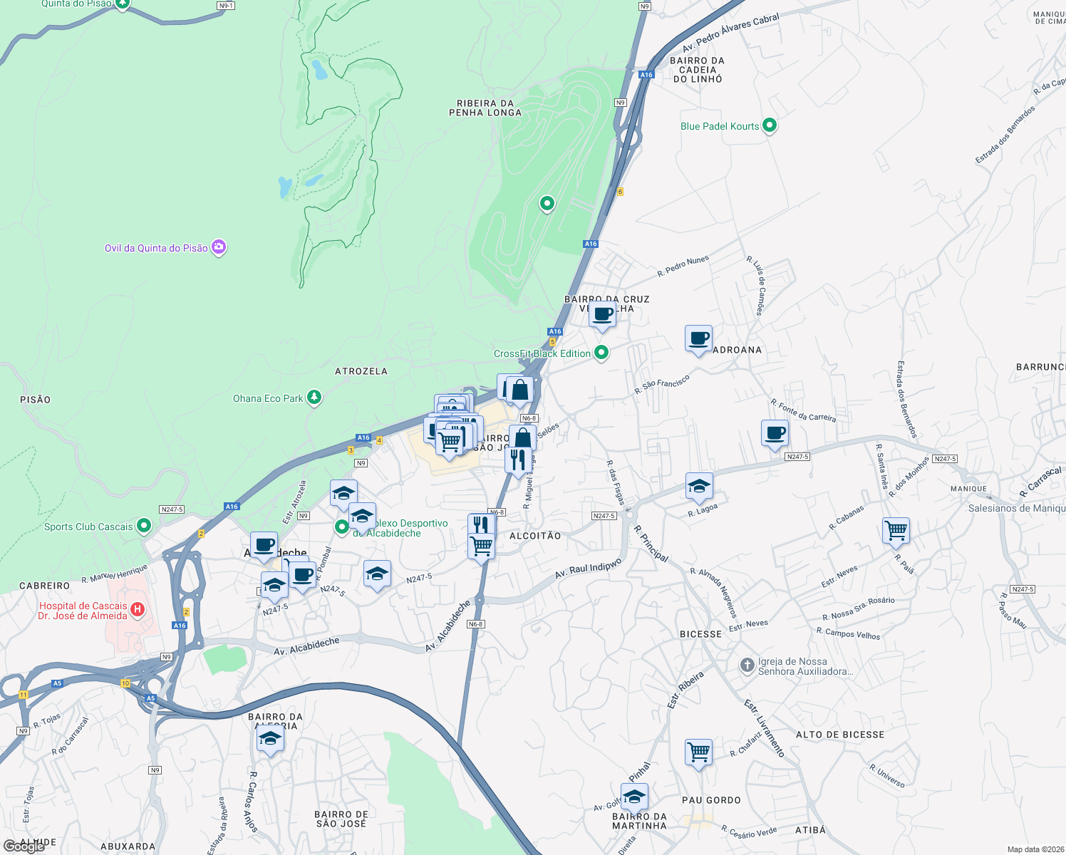 map of restaurants, bars, coffee shops, grocery stores, and more near Estrada Nacional 6-8 in Cascais