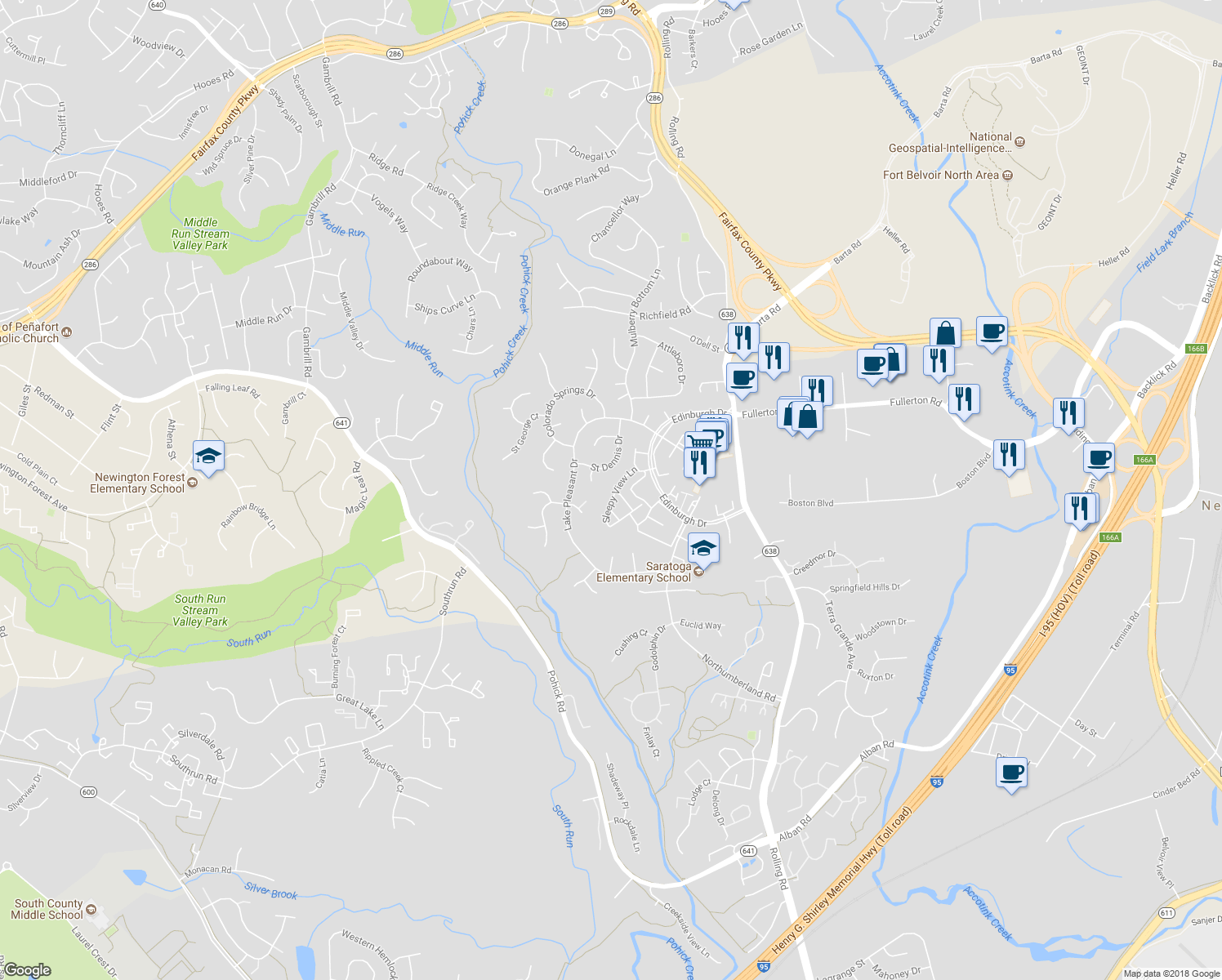 map of restaurants, bars, coffee shops, grocery stores, and more near 8038 Sleepy View Lane in Springfield