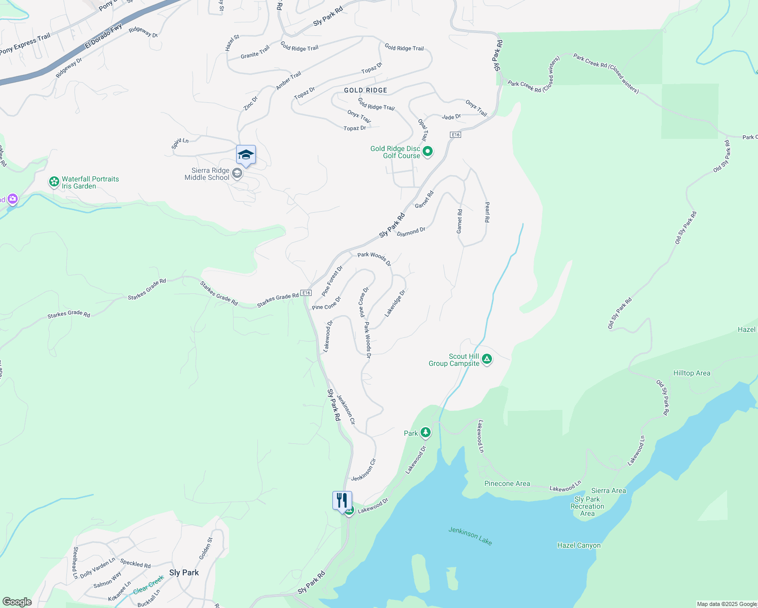 map of restaurants, bars, coffee shops, grocery stores, and more near 4365 Park Woods Drive in Pollock Pines