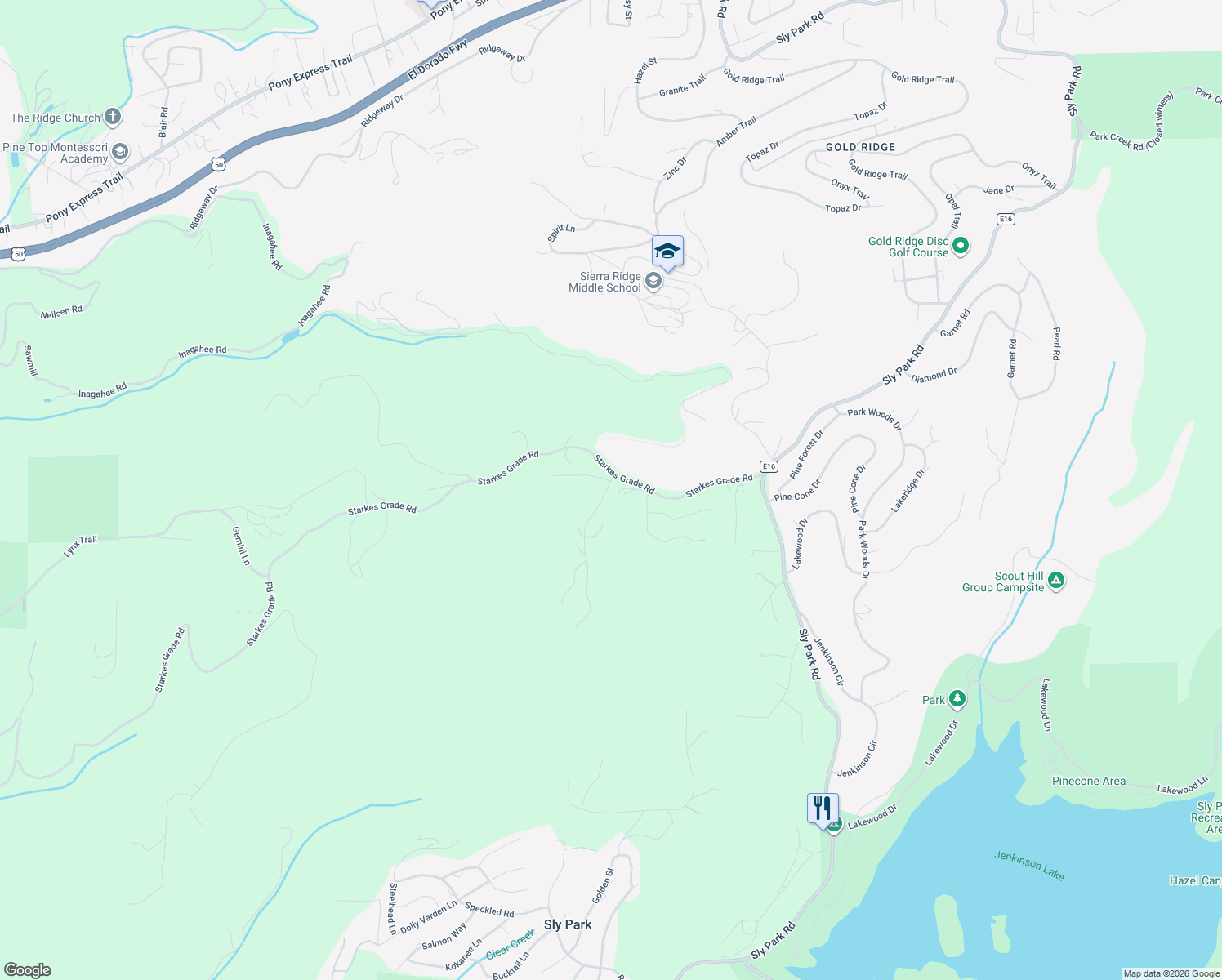 map of restaurants, bars, coffee shops, grocery stores, and more near 4380 Arundel Road in Pollock Pines