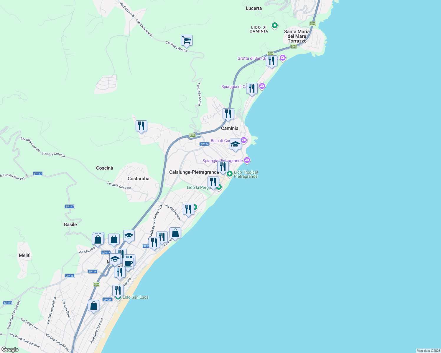 map of restaurants, bars, coffee shops, grocery stores, and more near 45 Contrada Botterio in Calalunga-pietragrande