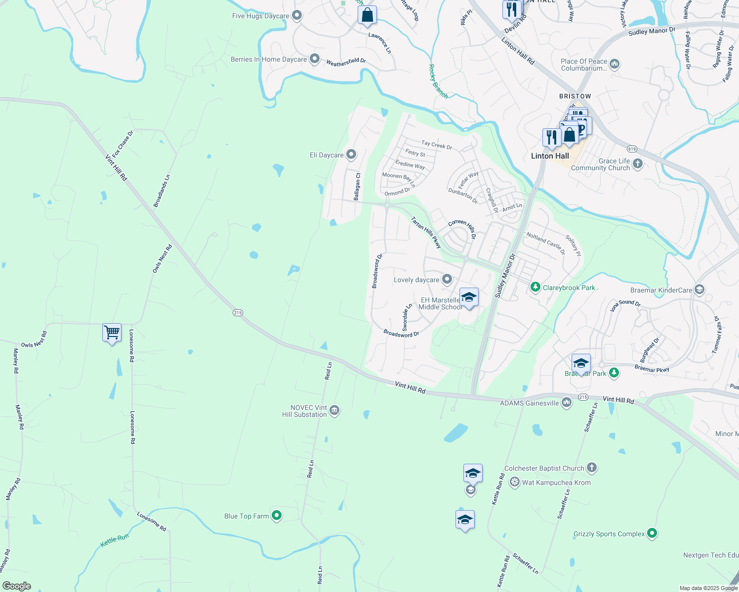 map of restaurants, bars, coffee shops, grocery stores, and more near 10123 Broadsword Drive in Bristow