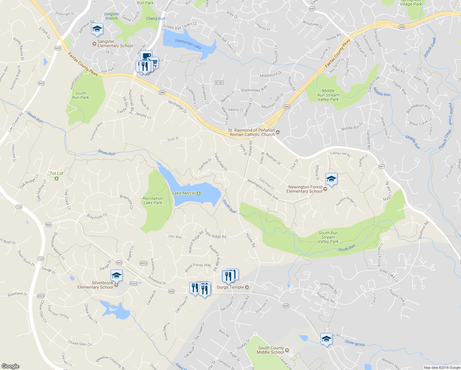 map of restaurants, bars, coffee shops, grocery stores, and more near 8027 Galla Knoll Circle in Springfield