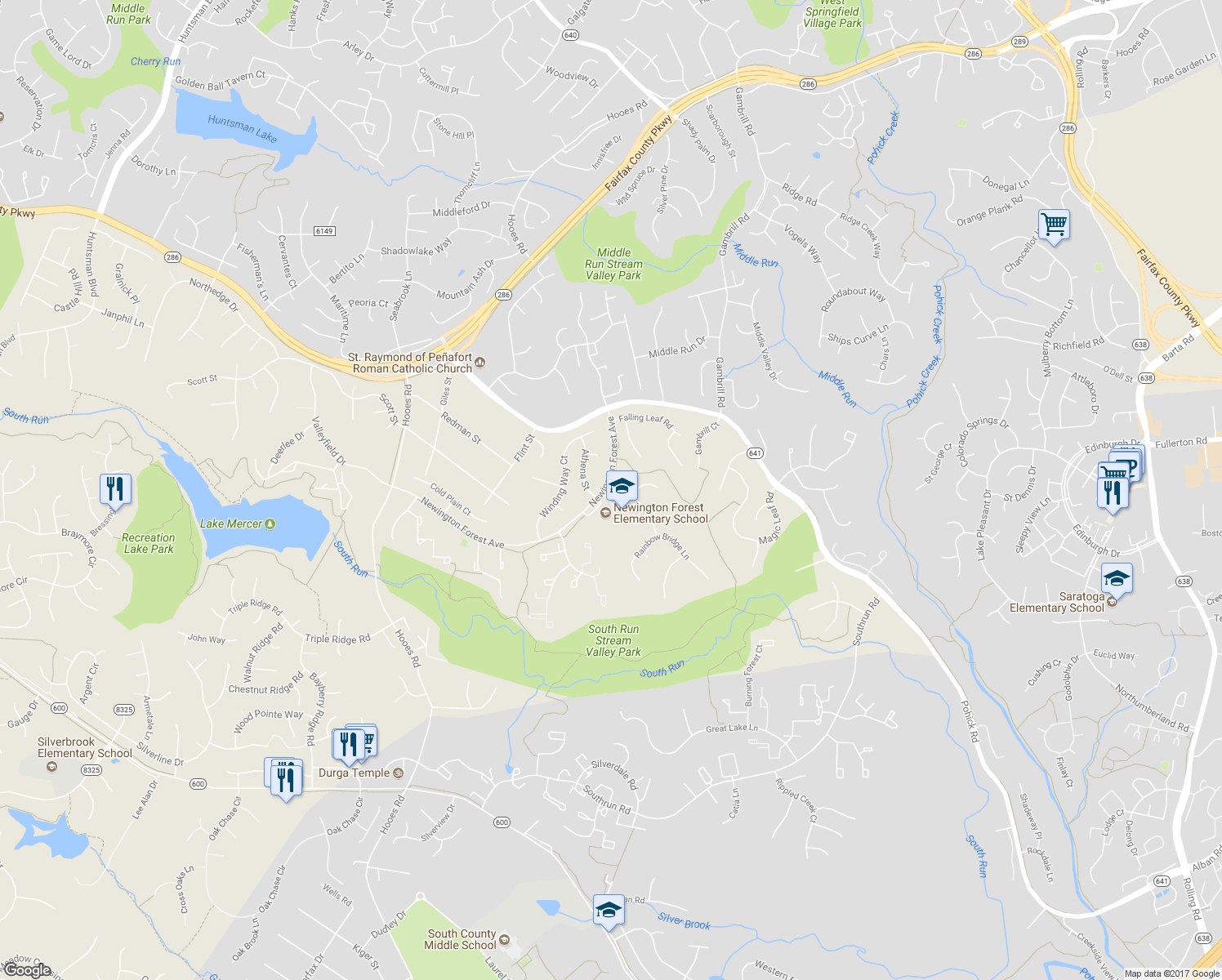map of restaurants, bars, coffee shops, grocery stores, and more near 8501 Summer Breeze Lane in Springfield