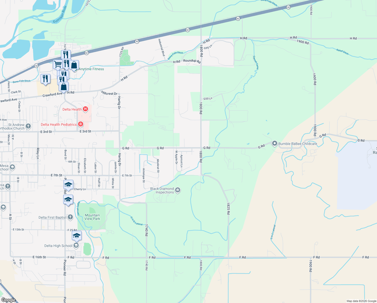 map of restaurants, bars, coffee shops, grocery stores, and more near 1795 North Apple Drive in Delta