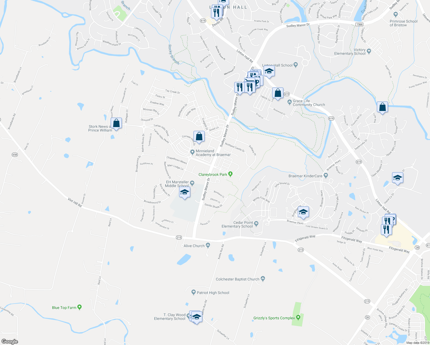 map of restaurants, bars, coffee shops, grocery stores, and more near 12886 Wishing Well Way in Bristow