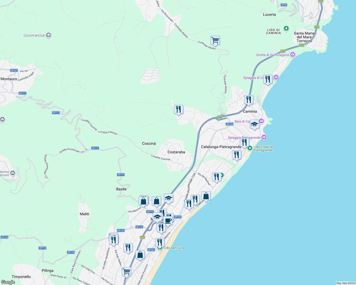map of restaurants, bars, coffee shops, grocery stores, and more near 79 Località Coscinà in Provincia di Catanzaro